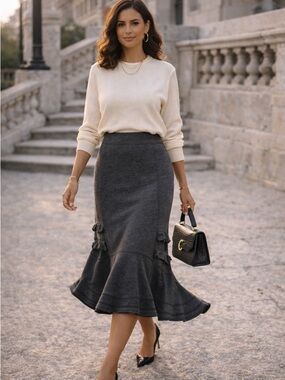 Luisa Cerano Gray Wool Blend Skirt Ruffle Hem Midi Size 10 Minimalist Chic